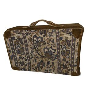 Vintage Neiman Marcus Floral Tapestry & Suede Suitcase With Lock
